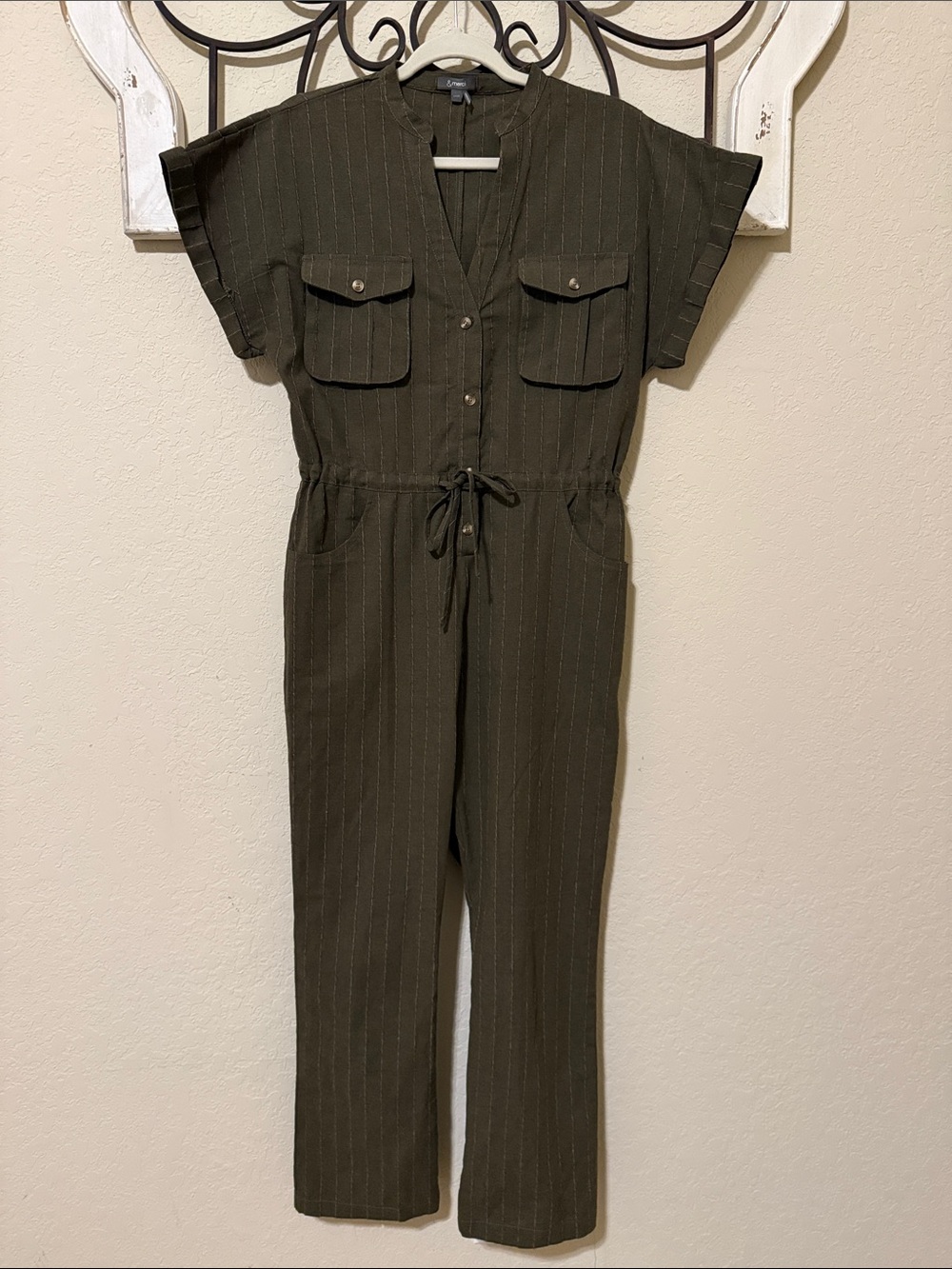 &merci Olive Pinstripe Utility Jumpsuit